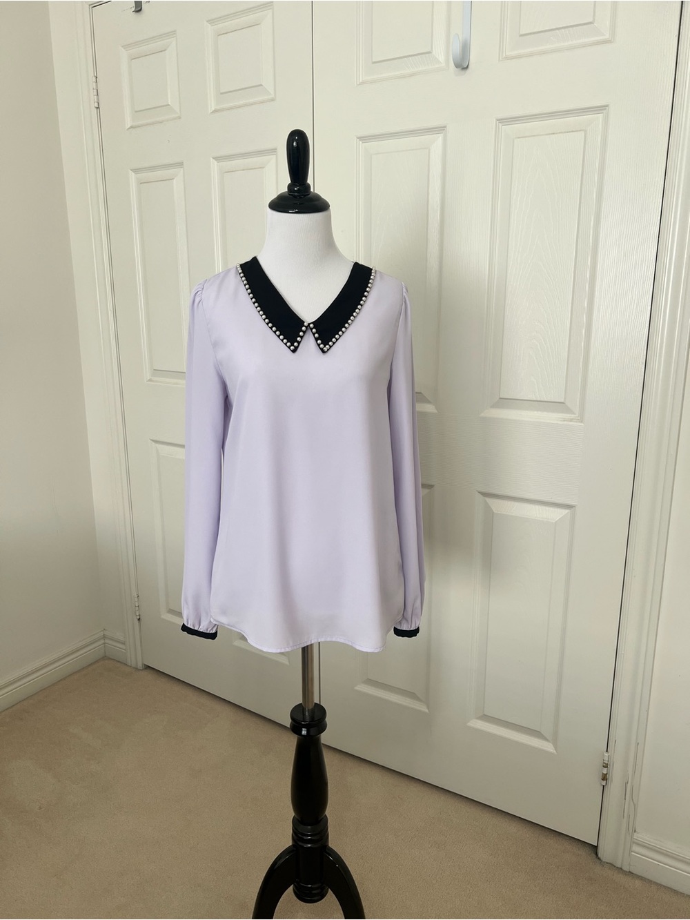 Forever 21 Lilac Blouse with Black Pearl-Trim Collar, size small